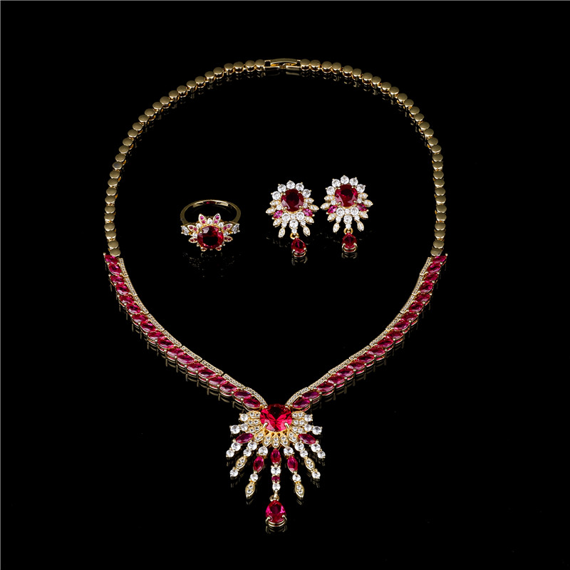 Sweet Gold Tone Pink Crystal Necklace with Fan-Shaped Pendant and Stud Earrings - Cute Party Jewelry Set Sweet Gold Tone Pink Crystal Necklace with Fan-Shaped Pendant and Stud Earrings - Cute Party Jewelry Set