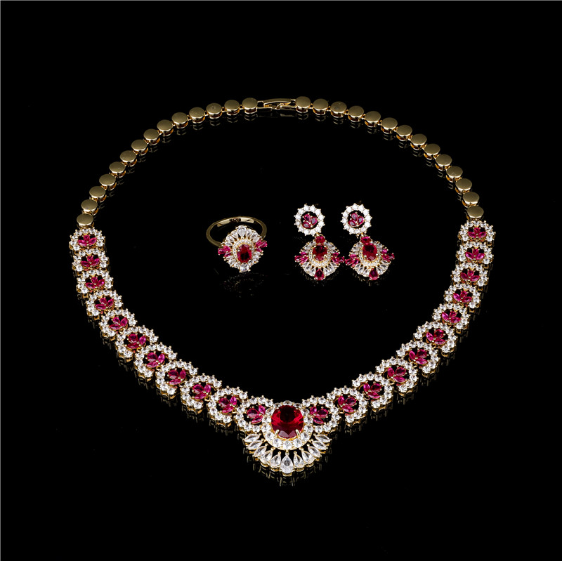 Classic Gold Tone Ruby-Red Crystal V-Necklace and Stud Earrings Set - Timeless Red Jewelry Classic Gold Tone Ruby-Red Crystal V-Necklace and Stud Earrings Set - Timeless Red Jewelry