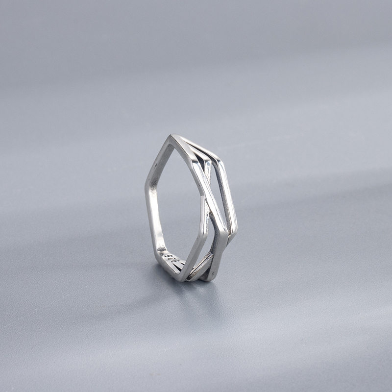925 Sterling Silver Hexagon Ring - Geometric Angular Band, Modern Minimalist Jewelry for Women
