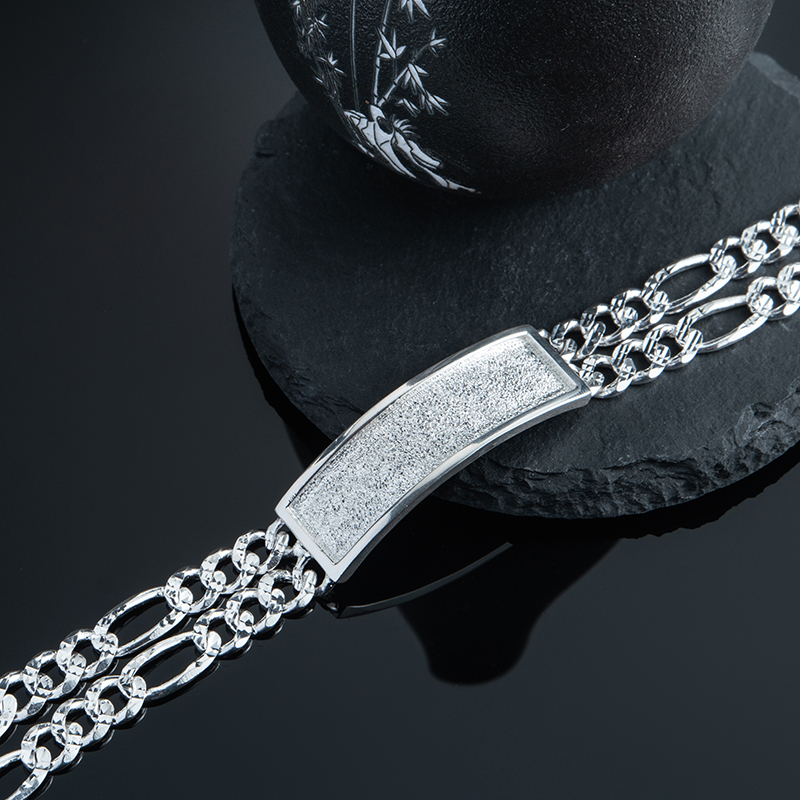 Men's 925 Sterling Silver ID Bracelet - Figaro Chain with Engravable Plate, Classic Jewelry Gift for Him