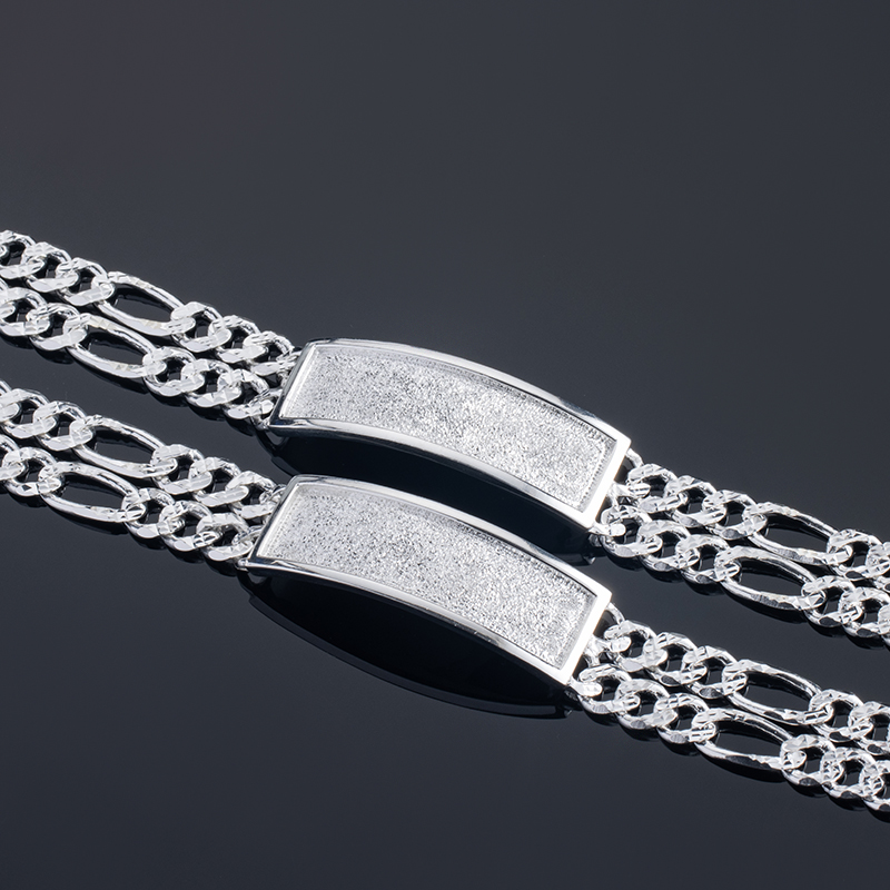 Men's 925 Sterling Silver ID Bracelet - Figaro Chain with Engravable Plate, Classic Jewelry Gift for Him