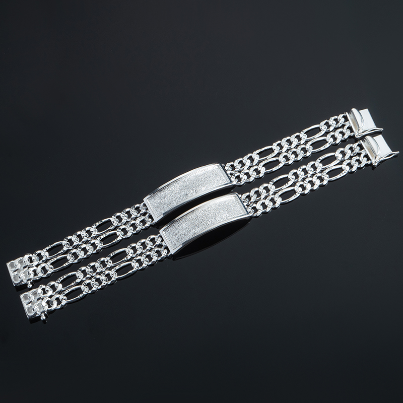 Men's 925 Sterling Silver ID Bracelet - Figaro Chain with Engravable Plate, Classic Jewelry Gift for Him