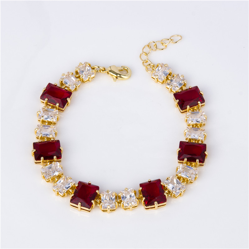 Gold-Plated Ruby Red Crystal Bracelet - Square Stone Stations with Clear Accents, Party Jewelry for Women