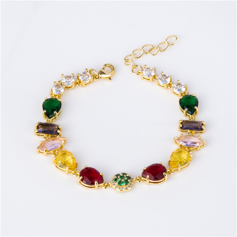 Gold-Plated Multicolor Round Crystal Bracelet - Colorful Cluster Chain, Everyday Boho Jewelry for Women