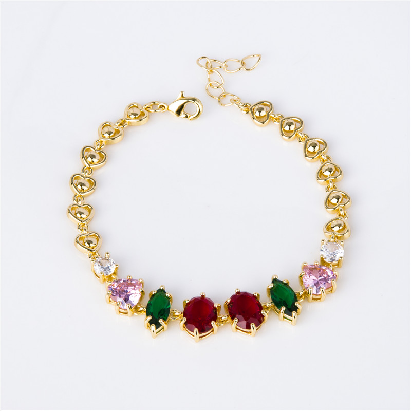 Gold-Plated Red & Green Crystal Bracelet - Oval Stone Cluster Chain, Festive Jewelry Gift for Women