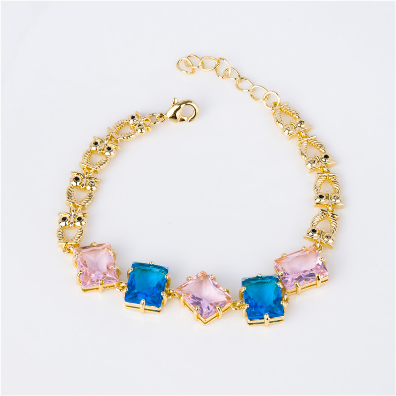 Gold-Plated Pastel Crystal Bracelet - Soft Pink & Blue Square Stones, Sweet Everyday Jewelry for Women
