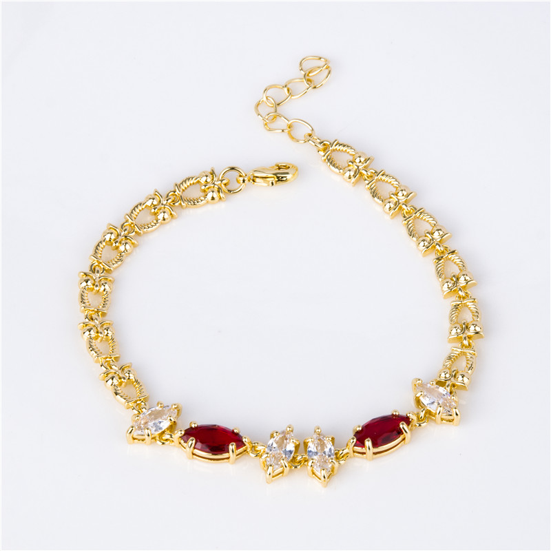 Gold-Plated Ruby Crystal Bracelet - Red Marquise Stones with White Accents, Elegant Evening Jewelry