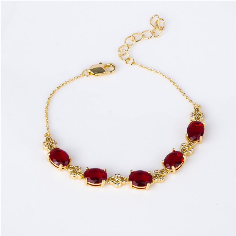 Gold-Plated Ruby Oval Bracelet - Three Stone Red Crystal Chain, Vintage Style Jewelry for Women Gold-Plated Ruby Oval Bracelet - Three Stone Red Crystal Chain, Vintage Style Jewelry for Women