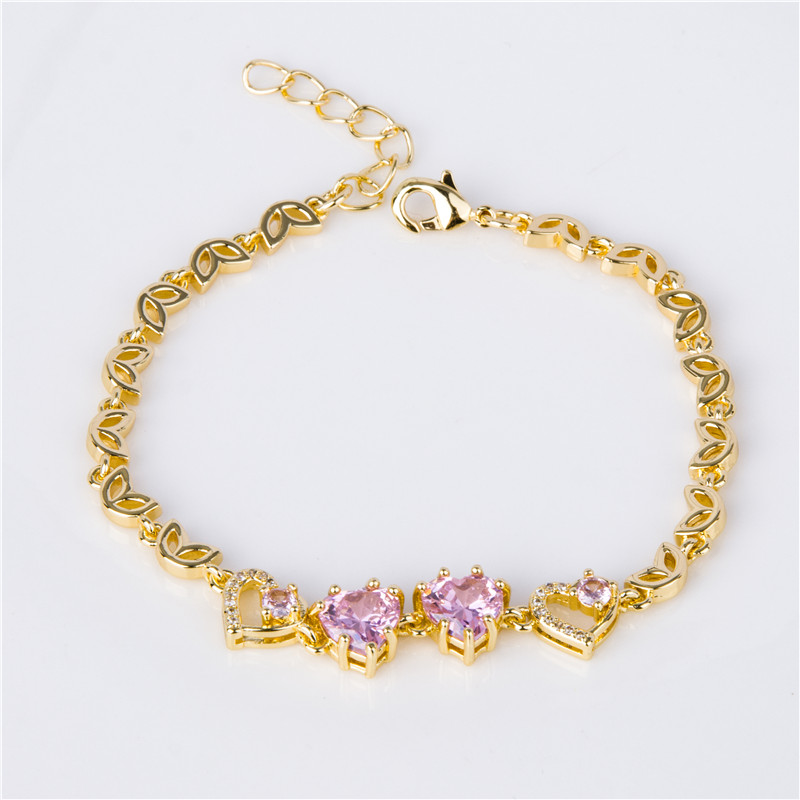 Gold-Plated Heart Charm Bracelet - Pink Crystal Center with Gold Hearts, Sweet Gift Jewelry for Women Gold-Plated Heart Charm Bracelet - Pink Crystal Center with Gold Hearts, Sweet Gift Jewelry for Women
