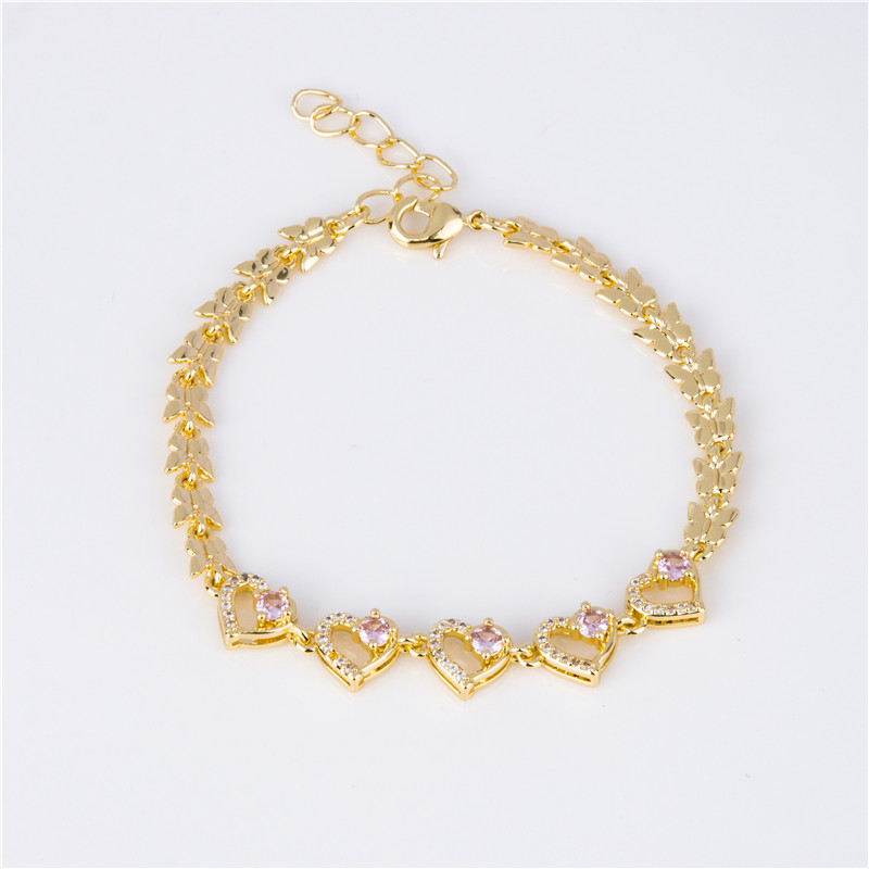 Gold-Plated Heart Charm Bracelet - Pink Crystal Center with Gold Hearts, Sweet Gift Jewelry for Women