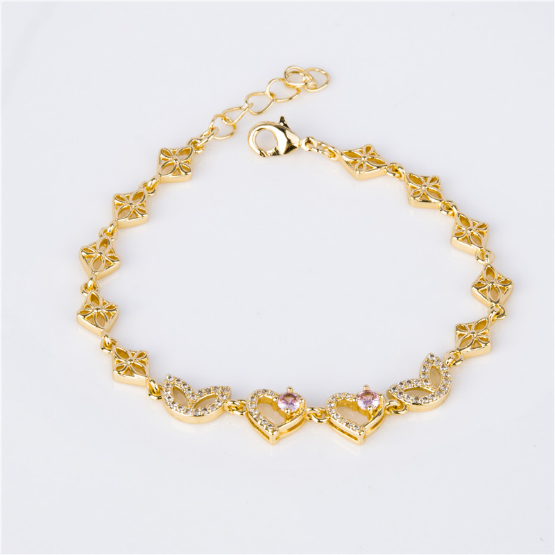 Gold-Plated Heart Charm Bracelet - Pink Crystal Center with Gold Hearts, Sweet Gift Jewelry for Women