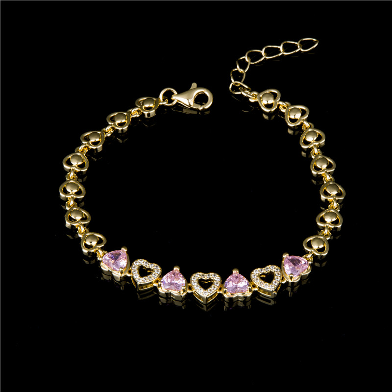 Gold-Plated Heart Charm Bracelet - Pink Crystal Center with Gold Hearts, Sweet Gift Jewelry for Women
