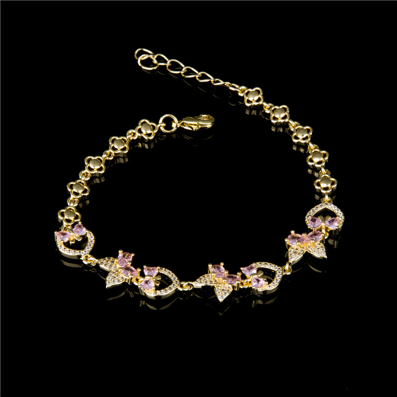 Gold-Plated Heart Charm Bracelet - Pink Crystal Center with Gold Hearts, Sweet Gift Jewelry for Women