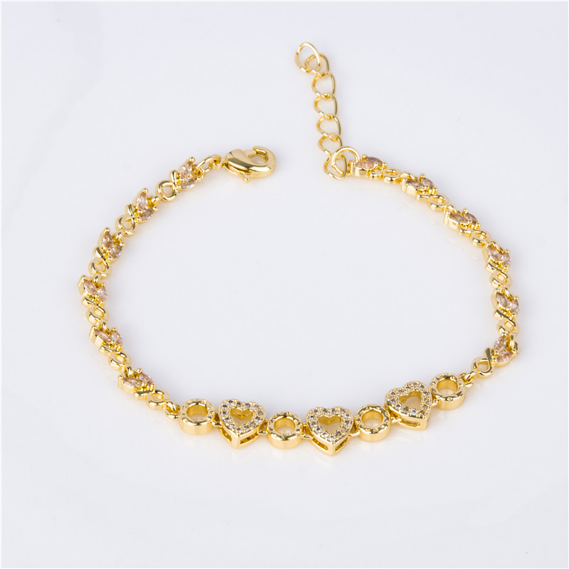 Gold-Plated Heart Charm Bracelet - Pink Crystal Center with Gold Hearts, Sweet Gift Jewelry for Women
