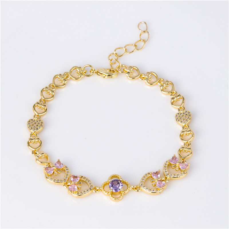 Gold-Plated Pastel Flower Bracelet - Pink & Purple Crystal Clusters, Cottagecore Jewelry for Women Gold-Plated Pastel Flower Bracelet - Pink & Purple Crystal Clusters, Cottagecore Jewelry for Women