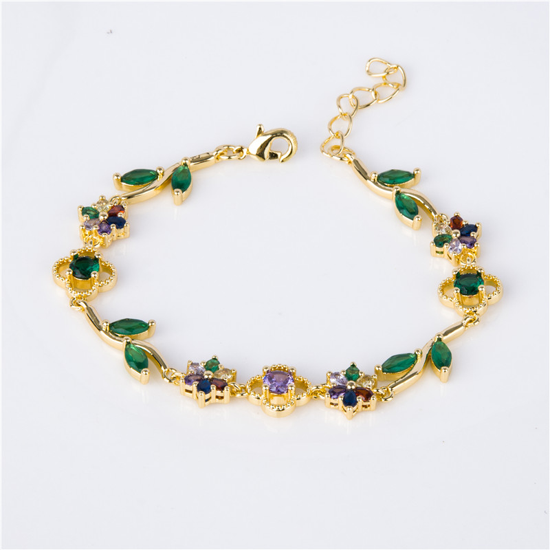 Gold-Plated Garden Bracelet - Enamel Leaves with Multicolor Crystal Flowers, Nature Jewelry for Women Gold-Plated Garden Bracelet - Enamel Leaves with Multicolor Crystal Flowers, Nature Jewelry for Women
