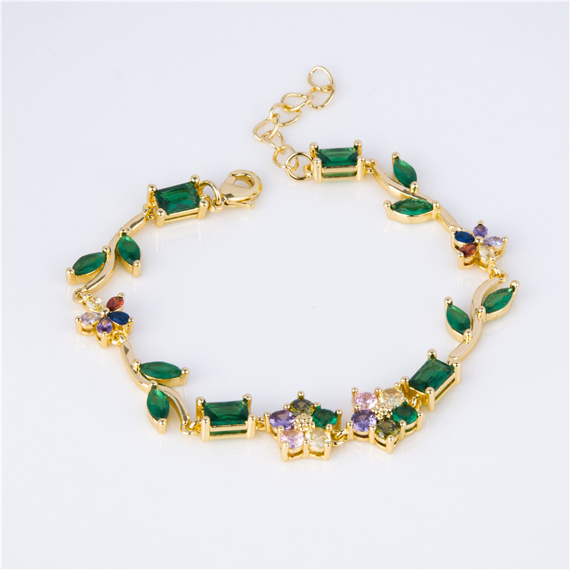 Gold-Plated Garden Bracelet - Enamel Leaves with Multicolor Crystal Flowers, Nature Jewelry for Women