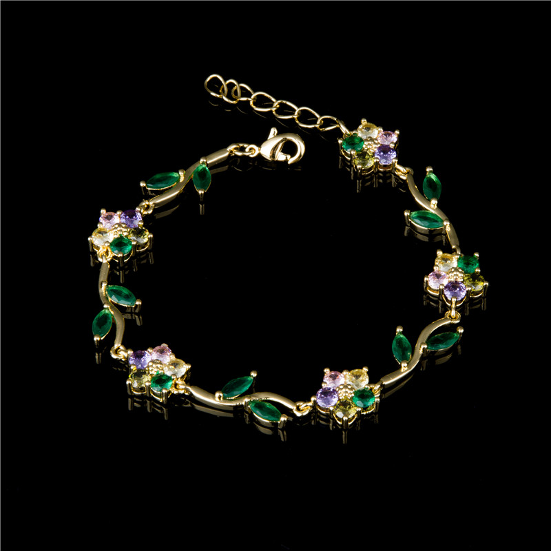 Gold-Plated Garden Bracelet - Enamel Leaves with Multicolor Crystal Flowers, Nature Jewelry for Women