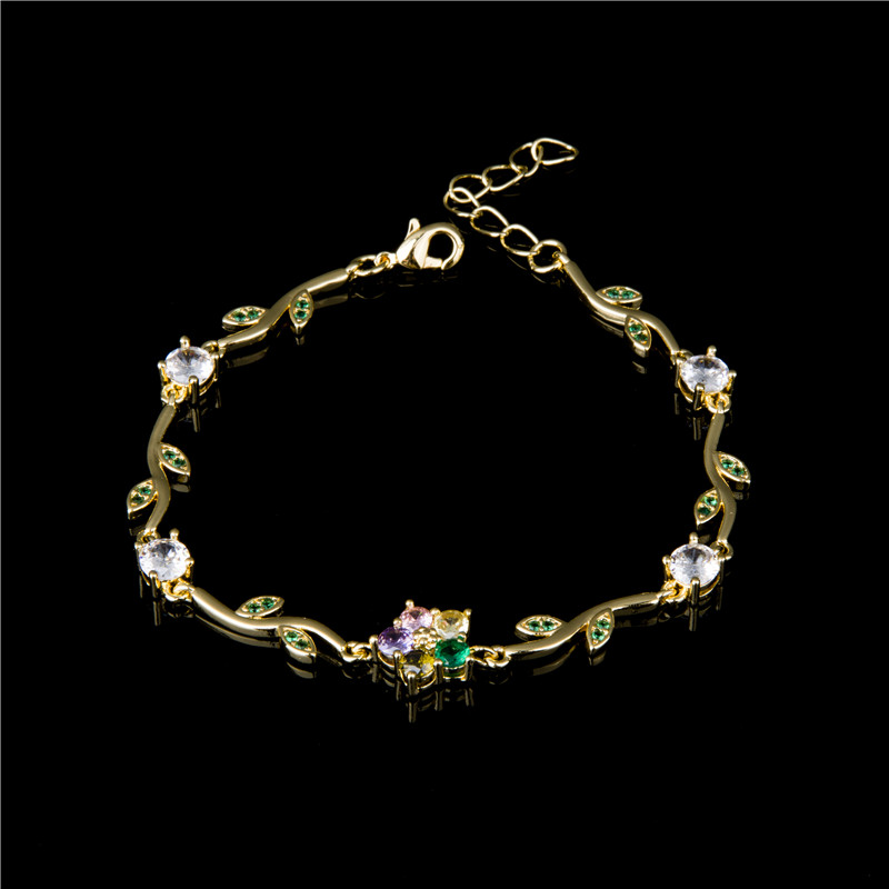 Gold-Plated Garden Bracelet - Enamel Leaves with Multicolor Crystal Flowers, Nature Jewelry for Women