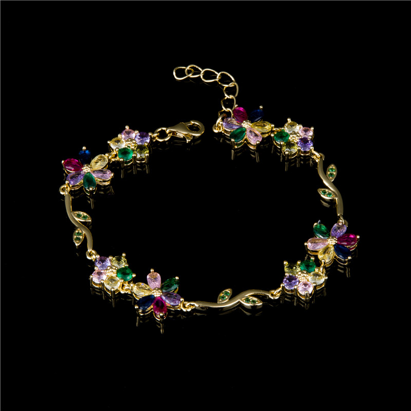 Gold-Plated Garden Bracelet - Enamel Leaves with Multicolor Crystal Flowers, Nature Jewelry for Women
