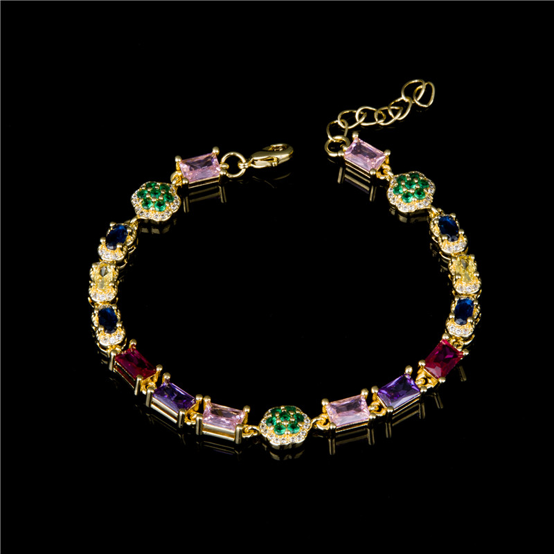 Gold-Plated Baguette Crystal Bracelet - Multicolor Emerald-Cut Stones, Art Deco Jewelry for Women