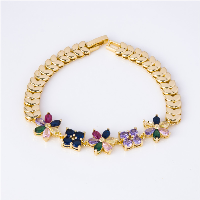 Gold-Plated Crystal Blossom Bracelet - Multicolor Flower Clusters, Garden Party Jewelry for Women