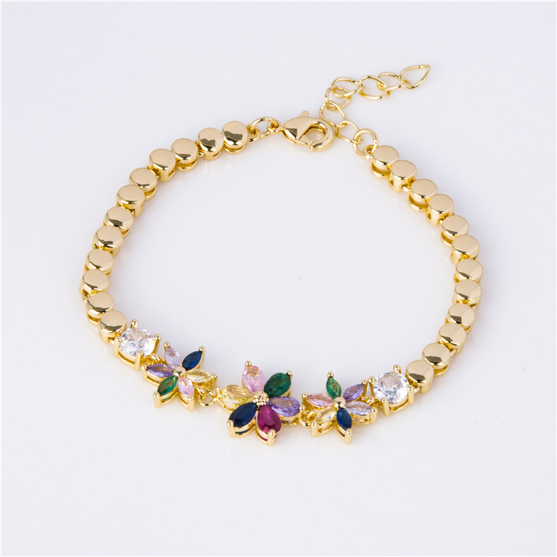 Gold-Plated Crystal Blossom Bracelet - Multicolor Flower Clusters, Garden Party Jewelry for Women
