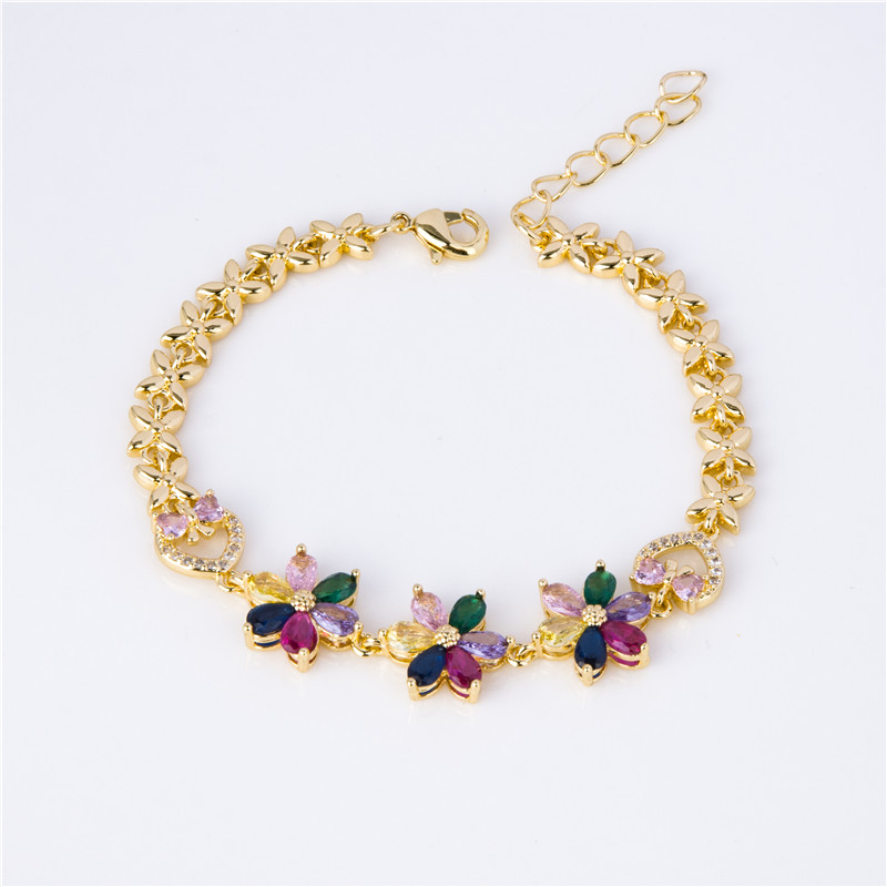 Gold-Plated Crystal Blossom Bracelet - Multicolor Flower Clusters, Garden Party Jewelry for Women