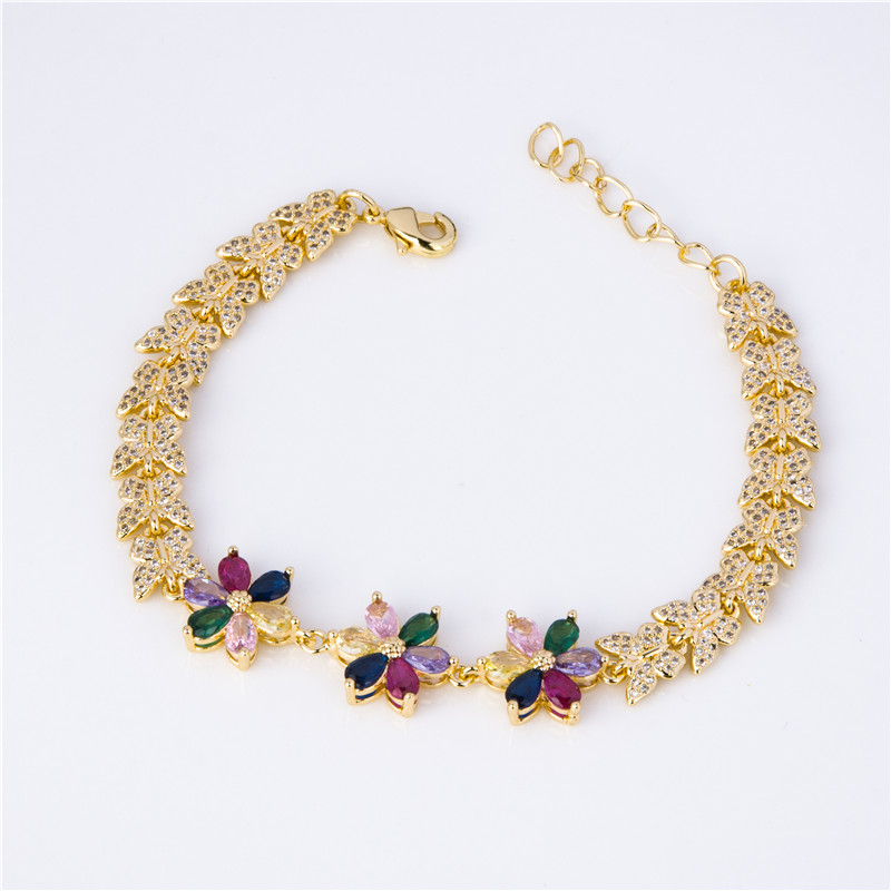 Gold-Plated Crystal Blossom Bracelet - Multicolor Flower Clusters, Garden Party Jewelry for Women