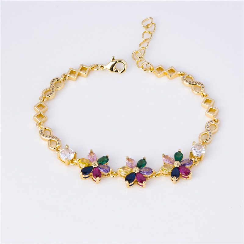 Gold-Plated Crystal Blossom Bracelet - Multicolor Flower Clusters, Garden Party Jewelry for Women