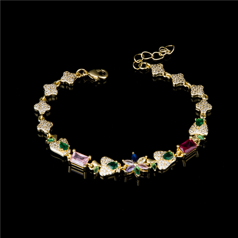 Gold-Plated Crystal Blossom Bracelet - Multicolor Flower Clusters, Garden Party Jewelry for Women