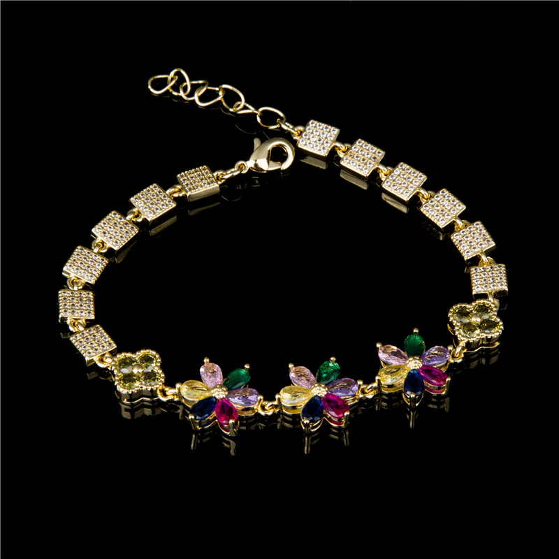 Gold-Plated Crystal Blossom Bracelet - Multicolor Flower Clusters, Garden Party Jewelry for Women
