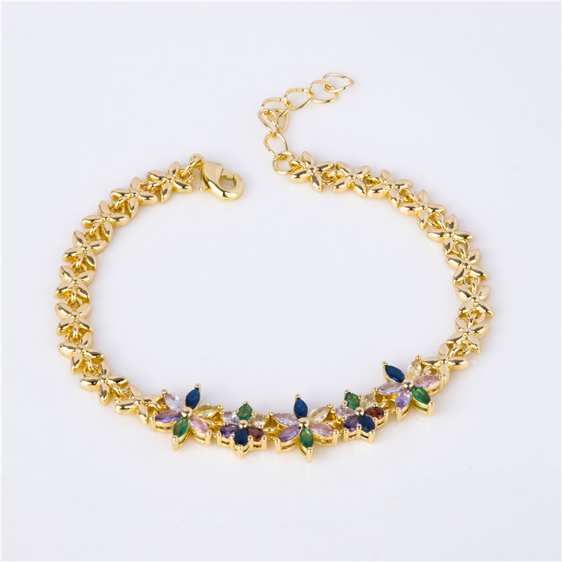 Gold-Plated Crystal Blossom Bracelet - Multicolor Flower Clusters, Garden Party Jewelry for Women