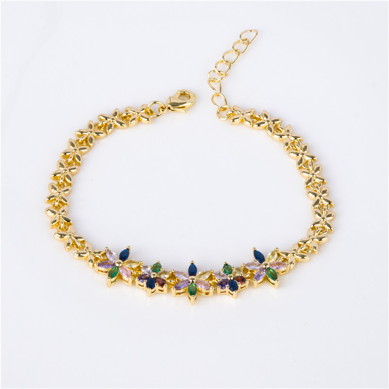 Gold-Plated Crystal Blossom Bracelet - Multicolor Flower Clusters, Garden Party Jewelry for Women