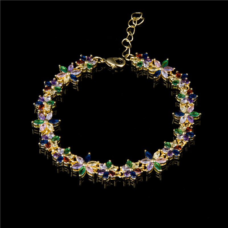 Gold-Plated Crystal Blossom Bracelet - Multicolor Flower Clusters, Garden Party Jewelry for Women