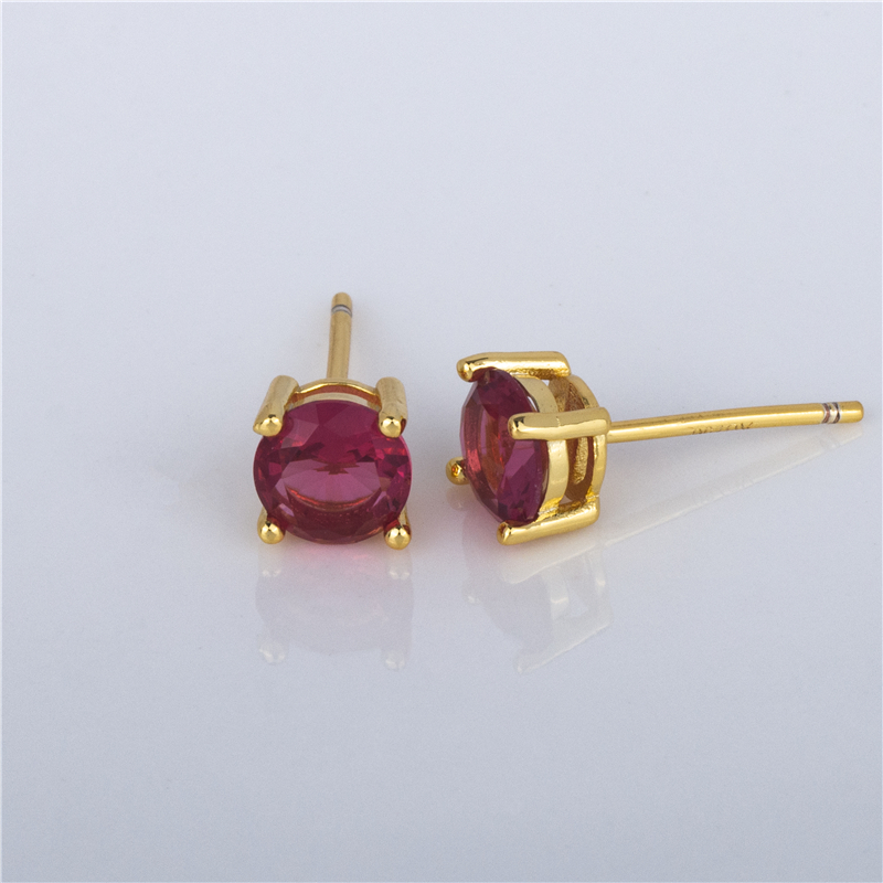Gold-Plated Round Stone Stud Earrings - Classic Color Studs in Blue, Green or Ruby, Everyday Jewelry