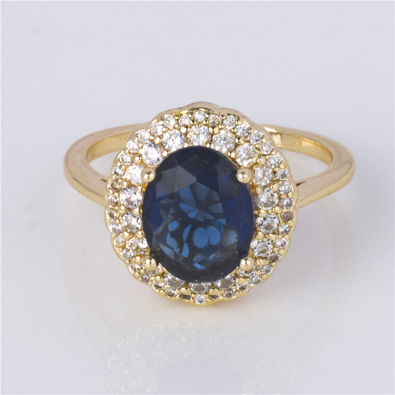 Gold-Plated Oval Halo Ring - Pavé Frame with Colored Center, Glamorous Statement Ring for Women Gold-Plated Oval Halo Ring - Pavé Frame with Colored Center, Glamorous Statement Ring for Women