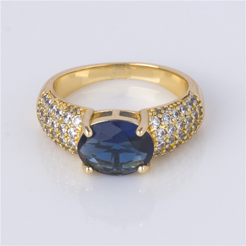Gold-Plated Wide Pavé Ring - Crystal Band with Oval Color Stone, Luxury Statement Jewelry
