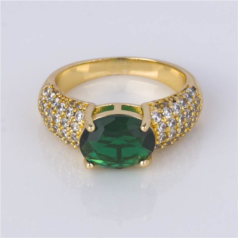 Gold-Plated Wide Pavé Ring - Crystal Band with Oval Color Stone, Luxury Statement Jewelry