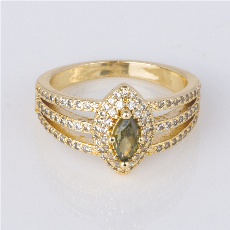 Gold-Plated Olive Green Ring - Marquise Stone in Twisted Pavé Frame, Nature Tone Jewelry Gold-Plated Olive Green Ring - Marquise Stone in Twisted Pavé Frame, Nature Tone Jewelry