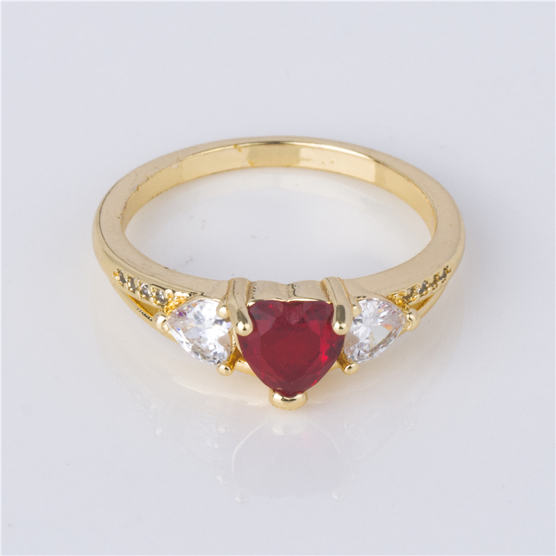 Gold-Plated Ruby Heart Ring - Red Heart Stone with White Accents, Love Gift Jewelry for Her Gold-Plated Ruby Heart Ring - Red Heart Stone with White Accents, Love Gift Jewelry for Her