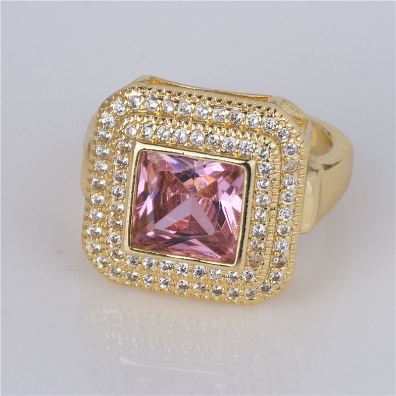 Gold-Plated Pink Square Ring - Double Pavé Frame Statement, Vintage Square Jewelry for Women Gold-Plated Pink Square Ring - Double Pavé Frame Statement, Vintage Square Jewelry for Women