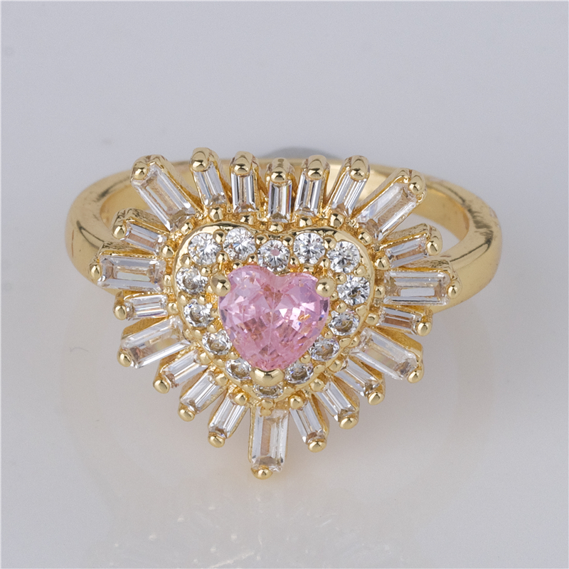Gold-Plated Pink Heart Ring - Baguette Sunburst Halo, Romantic Statement Jewelry for Women Gold-Plated Pink Heart Ring - Baguette Sunburst Halo, Romantic Statement Jewelry for Women