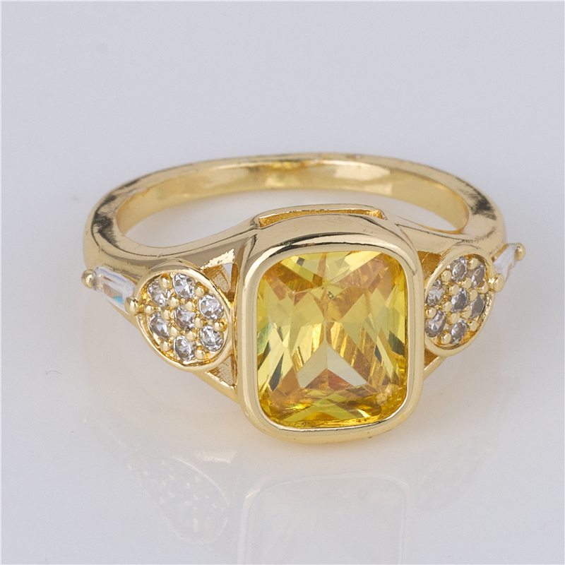 Gold-Plated Citrine Ring - Yellow Emerald-Cut Stone with Pavé Shoulders, Sunny Luxury Jewelry Gold-Plated Citrine Ring - Yellow Emerald-Cut Stone with Pavé Shoulders, Sunny Luxury Jewelry