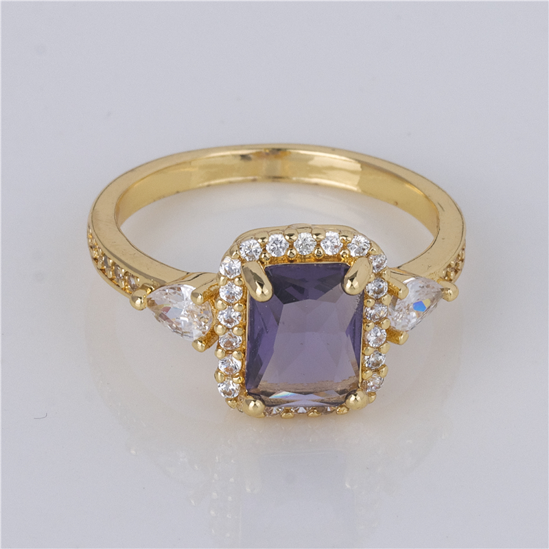 Gold-Plated Amethyst Ring - Purple Emerald-Cut Stone with Pavé Halo, Regal Purple Jewelry Gold-Plated Amethyst Ring - Purple Emerald-Cut Stone with Pavé Halo, Regal Purple Jewelry