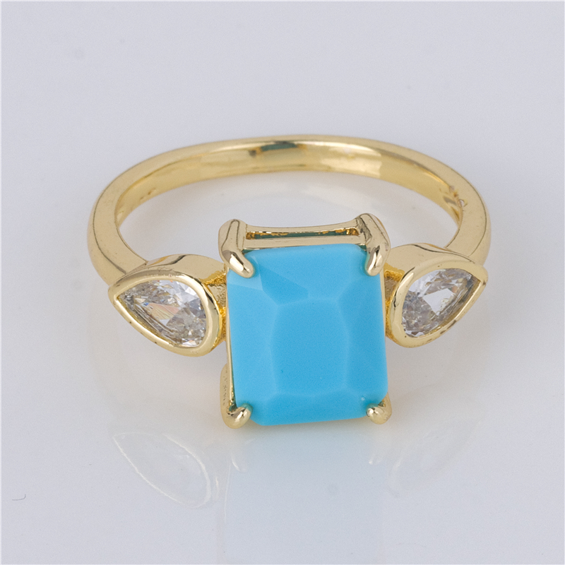 Gold-Plated Turquoise Three Stone Ring - Blue Center with Marquise Sides, Western Elegance Gold-Plated Turquoise Three Stone Ring - Blue Center with Marquise Sides, Western Elegance