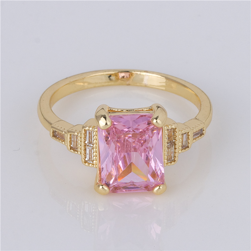 Gold-Plated Pink Emerald Cut Ring - Blush Stone Solitaire, Clean Modern Romance Jewelry Gold-Plated Pink Emerald Cut Ring - Blush Stone Solitaire, Clean Modern Romance Jewelry
