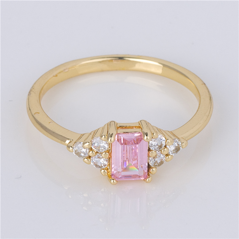 Gold-Plated Pink Radiant Ring - Rose Stone with Pavé Accents, Pretty Everyday Glamour Jewelry Gold-Plated Pink Radiant Ring - Rose Stone with Pavé Accents, Pretty Everyday Glamour Jewelry