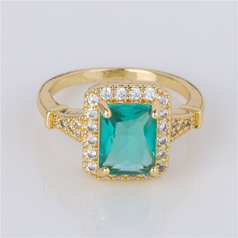 Gold-Plated Green Emerald Ring - Rectangle Stone with Pavé Frame, Rich Botanical Jewelry Gold-Plated Green Emerald Ring - Rectangle Stone with Pavé Frame, Rich Botanical Jewelry