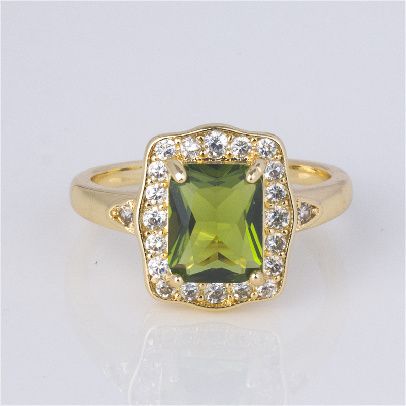 Gold-Plated Olive Green Ring - Emerald-Cut Peridot Tone Stone with Pavé Halo, Warm Earth Jewelry Gold-Plated Olive Green Ring - Emerald-Cut Peridot Tone Stone with Pavé Halo, Warm Earth Jewelry